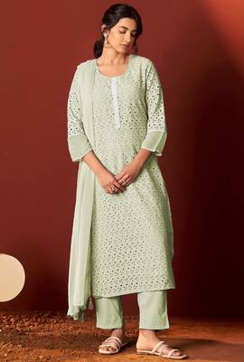 Green pure cotton embroidered chikankari ethnic kurta set with matching dupatta 1