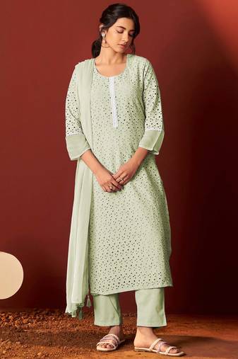 Green pure cotton embroidered chikankari ethnic kurta set with matching dupatta