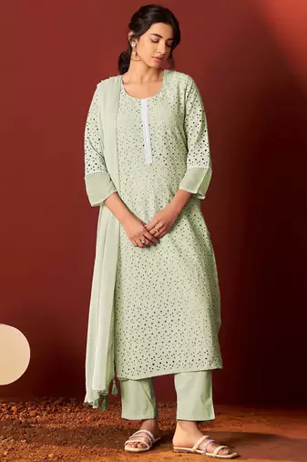 Green pure cotton embroidered chikankari ethnic kurta set with matching dupatta