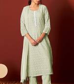 Green pure cotton embroidered chikankari ethnic kurta set with matching dupatta