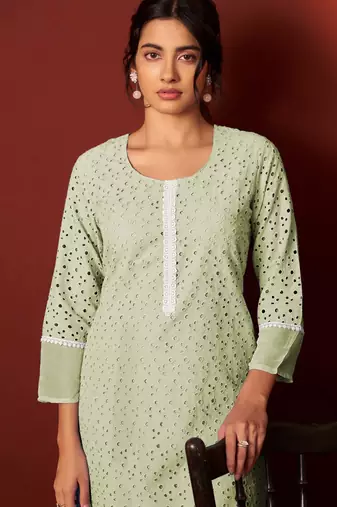 Green pure cotton embroidered chikankari ethnic kurta set with matching dupatta