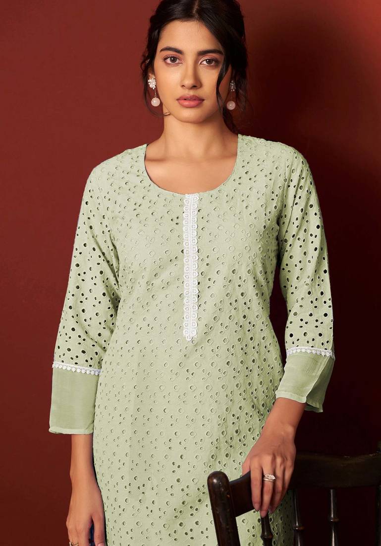 Green pure cotton embroidered chikankari ethnic kurta set with matching dupatta