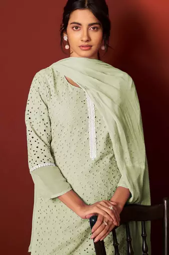 Green pure cotton embroidered chikankari ethnic kurta set with matching dupatta