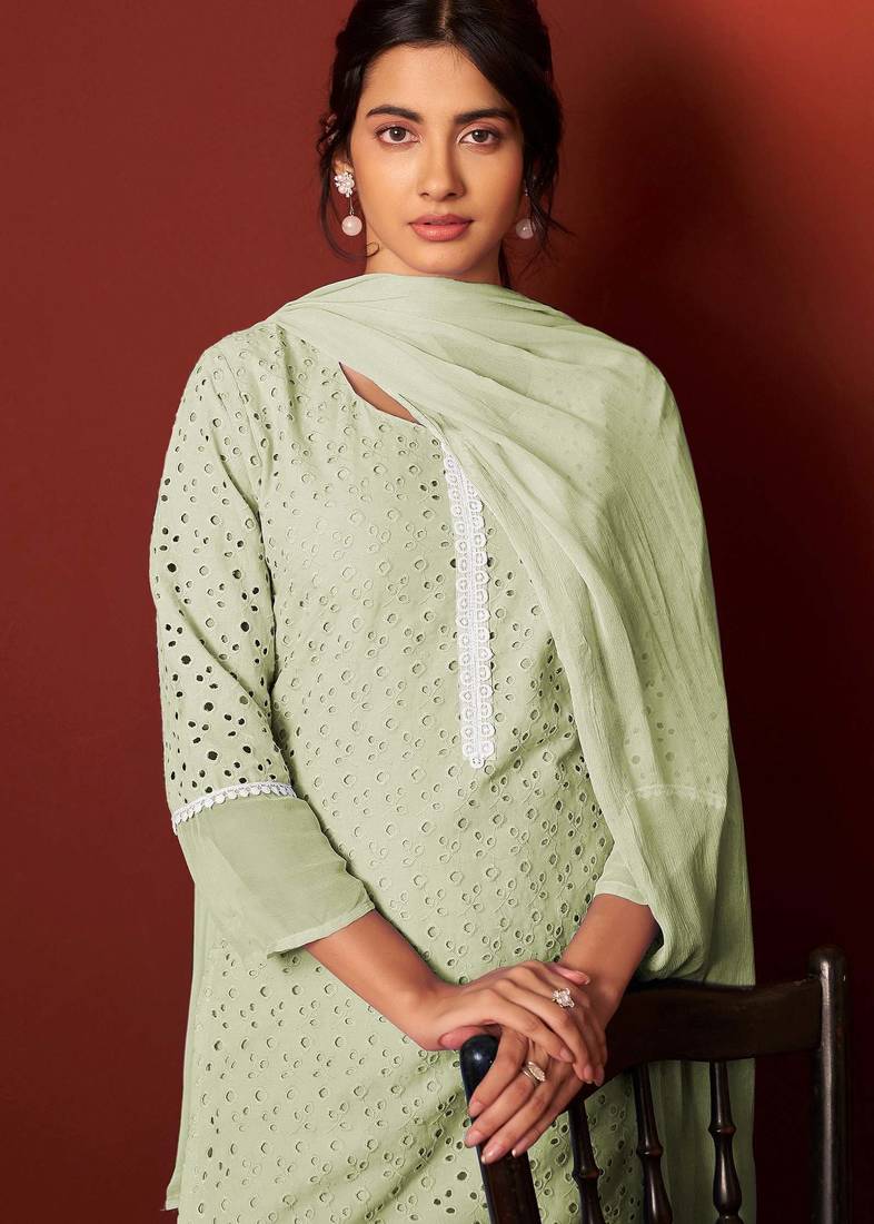 Green pure cotton embroidered chikankari ethnic kurta set with matching dupatta