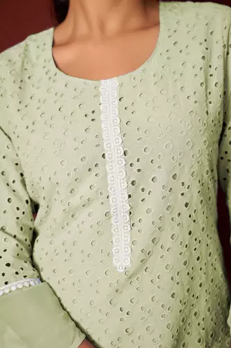 Green pure cotton embroidered chikankari ethnic kurta set with matching dupatta