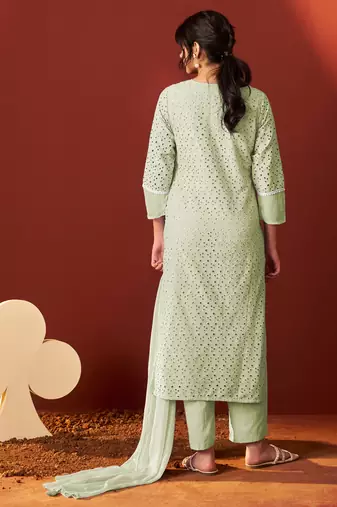 Green pure cotton embroidered chikankari ethnic kurta set with matching dupatta