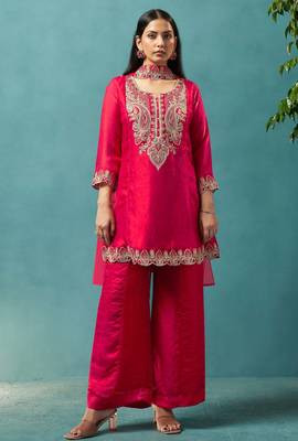 Red silk blend embroidered zari work ethnic kurta set with matching dupatta 1