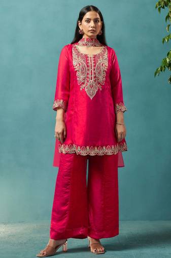 Red silk blend embroidered zari work ethnic kurta set with matching dupatta