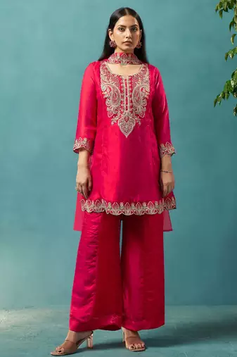 Red silk blend embroidered zari work ethnic kurta set with matching dupatta