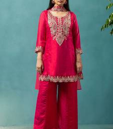 Red silk blend embroidered zari work ethnic kurta set with matching dupatta