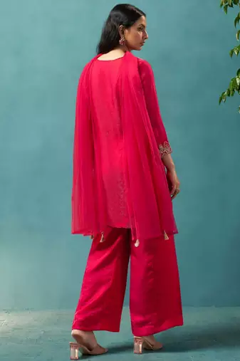 Red silk blend embroidered zari work ethnic kurta set with matching dupatta