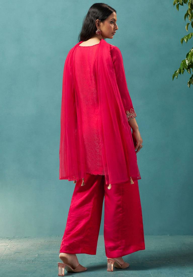 Red silk blend embroidered zari work ethnic kurta set with matching dupatta