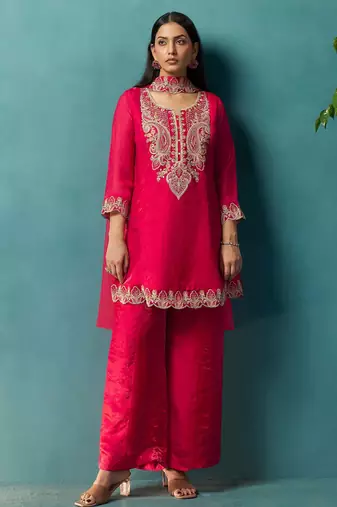 Red silk blend embroidered zari work ethnic kurta set with matching dupatta