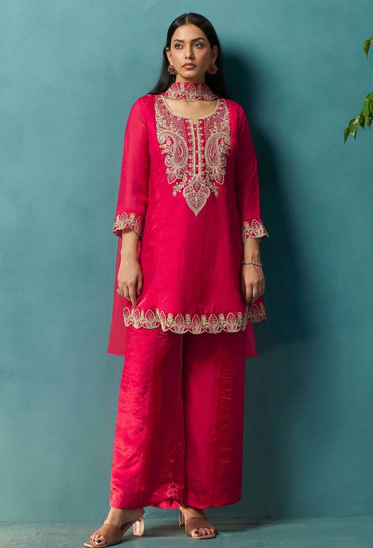 Red silk blend embroidered zari work ethnic kurta set with matching dupatta