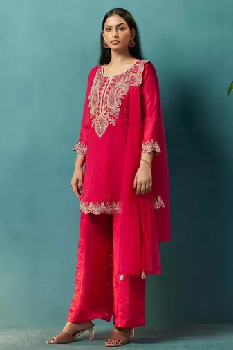 Red silk blend embroidered zari work ethnic kurta set with matching dupatta