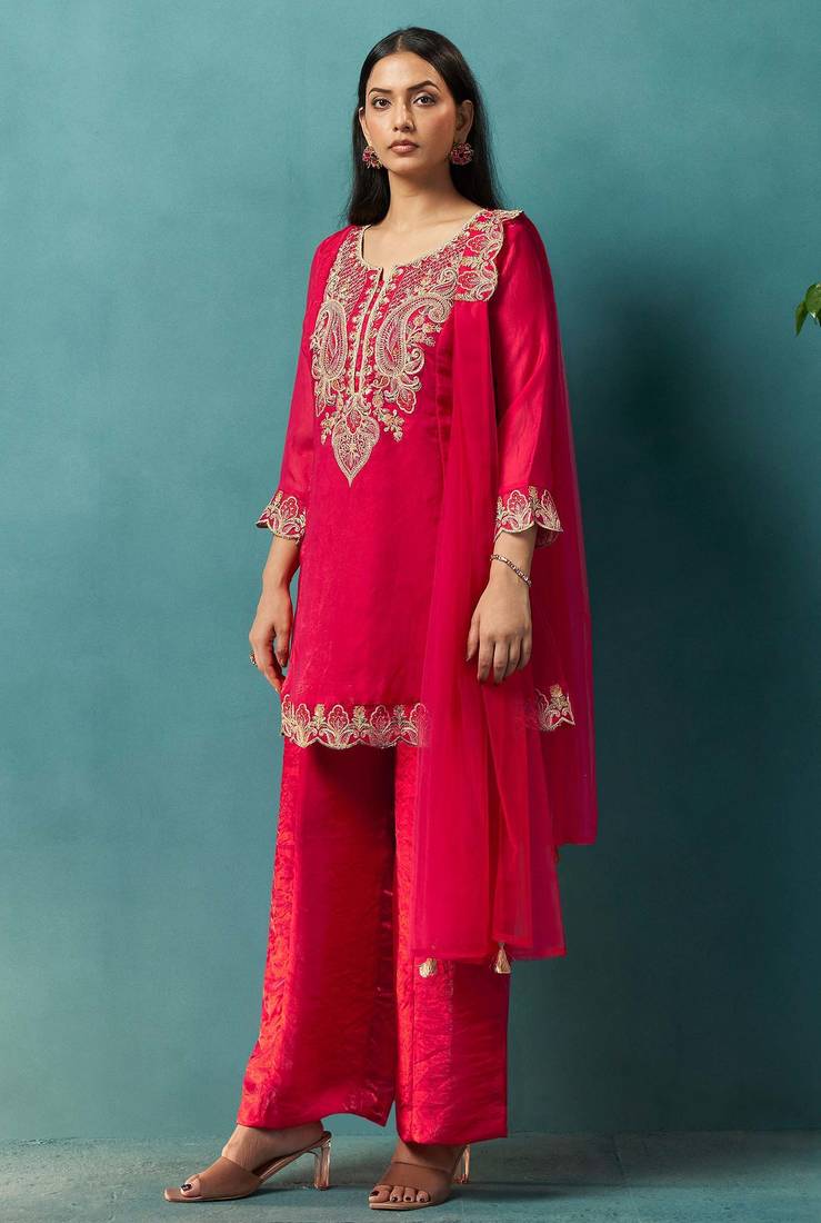 Red silk blend embroidered zari work ethnic kurta set with matching dupatta