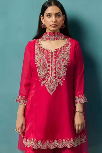 Red silk blend embroidered zari work ethnic kurta set with matching dupatta