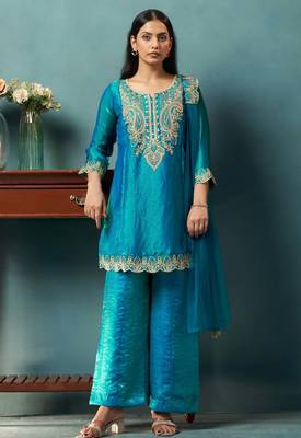 Teal silk blend embroidered zari work ethnic kurta set with matching dupatta 1