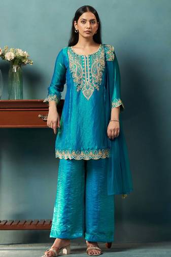 Teal silk blend embroidered zari work ethnic kurta set with matching dupatta