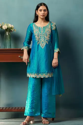 Teal silk blend embroidered zari work ethnic kurta set with matching dupatta