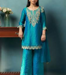 Teal silk blend embroidered zari work ethnic kurta set with matching dupatta