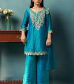 Teal silk blend embroidered zari work ethnic kurta set with matching dupatta
