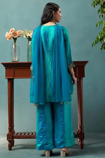 Teal silk blend embroidered zari work ethnic kurta set with matching dupatta