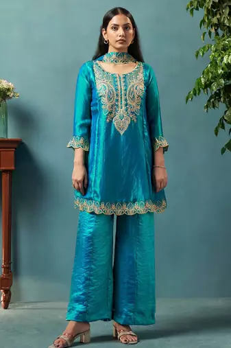Teal silk blend embroidered zari work ethnic kurta set with matching dupatta