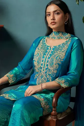 Teal silk blend embroidered zari work ethnic kurta set with matching dupatta