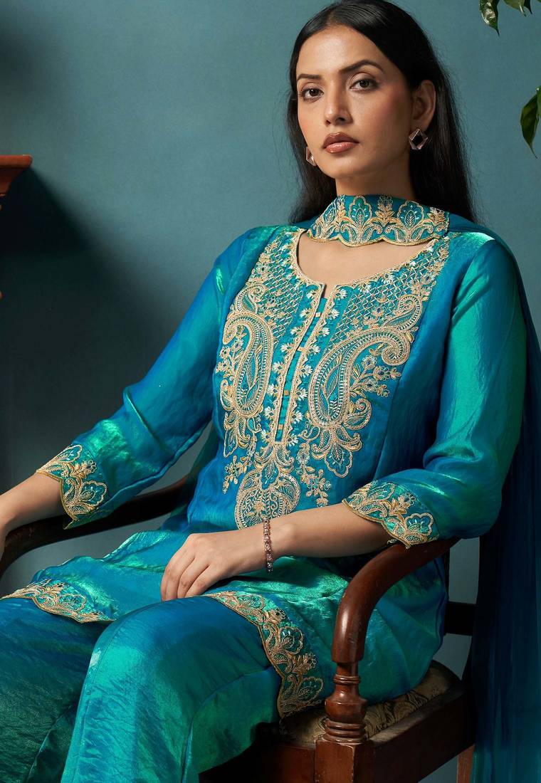 Teal silk blend embroidered zari work ethnic kurta set with matching dupatta