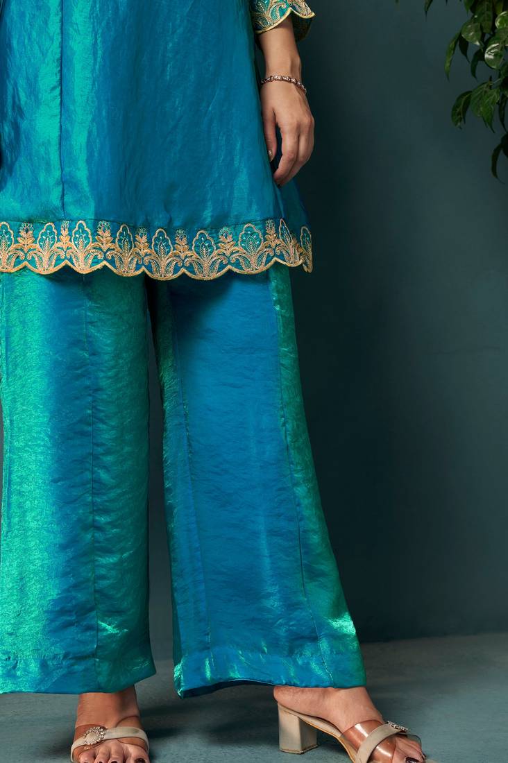 Teal silk blend embroidered zari work ethnic kurta set with matching dupatta