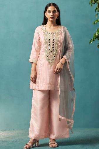 Light pink silk blend embroidered mirror work ethnic kurta set with matching dupatta