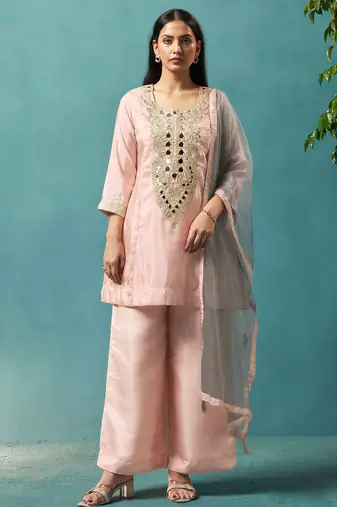 Light pink silk blend embroidered mirror work ethnic kurta set with matching dupatta