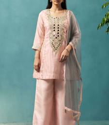 Light pink silk blend embroidered mirror work ethnic kurta set with matching dupatta