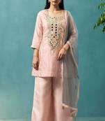 Light pink silk blend embroidered mirror work ethnic kurta set with matching dupatta