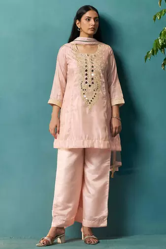 Light pink silk blend embroidered mirror work ethnic kurta set with matching dupatta