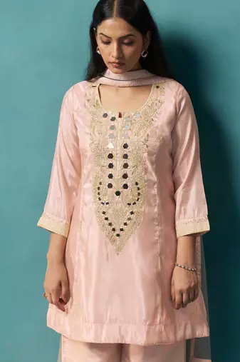 Light pink silk blend embroidered mirror work ethnic kurta set with matching dupatta