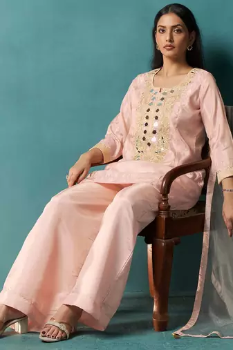 Light pink silk blend embroidered mirror work ethnic kurta set with matching dupatta