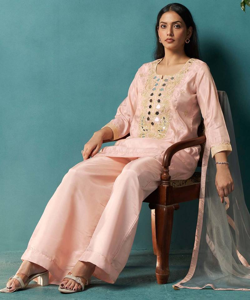 Light pink silk blend embroidered mirror work ethnic kurta set with matching dupatta