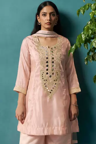 Light pink silk blend embroidered mirror work ethnic kurta set with matching dupatta