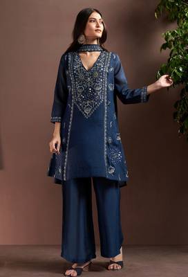 Navy blue silk blend embroidered mirror work ethnic kurta set with matching dupatta 1