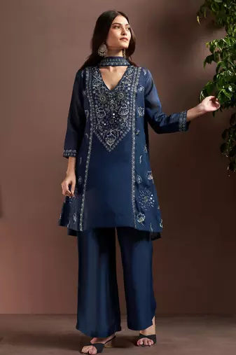 Navy blue silk blend embroidered mirror work ethnic kurta set with matching dupatta