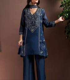 Navy blue silk blend embroidered mirror work ethnic kurta set with matching dupatta