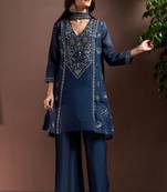 Navy blue silk blend embroidered mirror work ethnic kurta set with matching dupatta