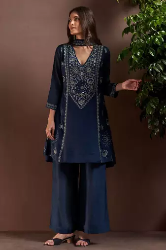 Navy blue silk blend embroidered mirror work ethnic kurta set with matching dupatta
