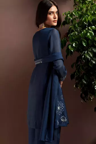 Navy blue silk blend embroidered mirror work ethnic kurta set with matching dupatta