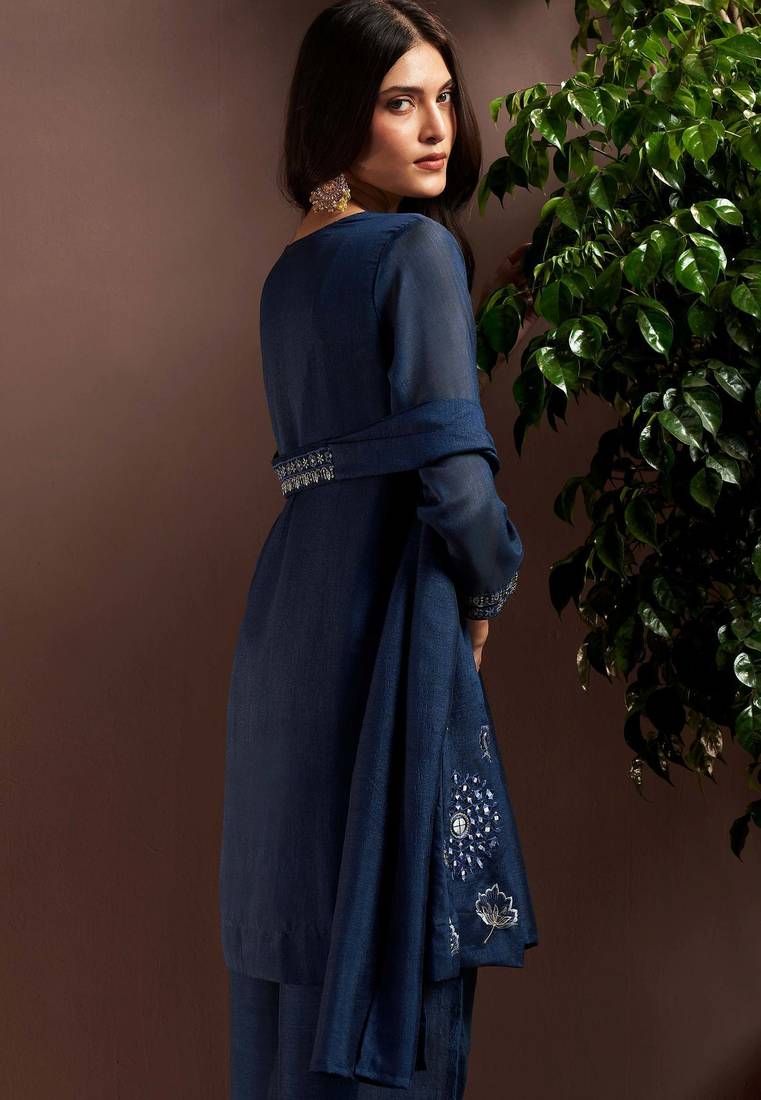 Navy blue silk blend embroidered mirror work ethnic kurta set with matching dupatta