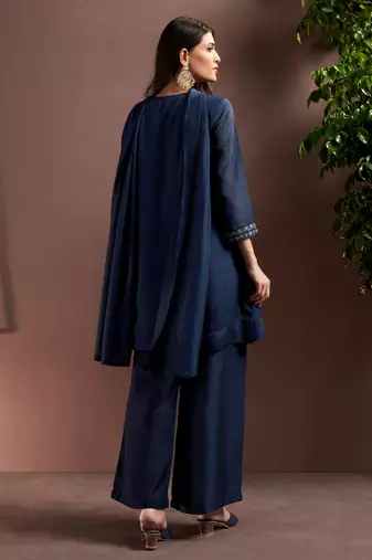 Navy blue silk blend embroidered mirror work ethnic kurta set with matching dupatta