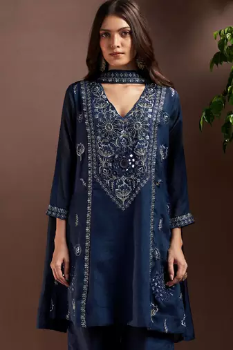 Navy blue silk blend embroidered mirror work ethnic kurta set with matching dupatta