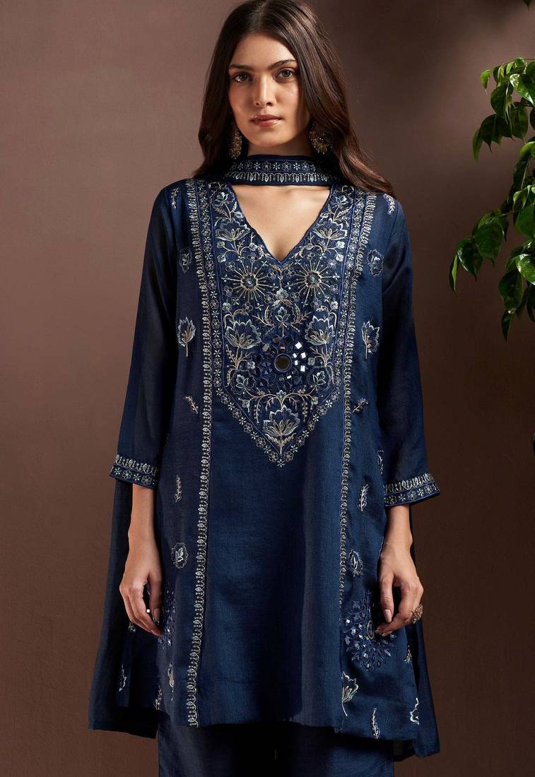 Navy blue silk blend embroidered mirror work ethnic kurta set with matching dupatta